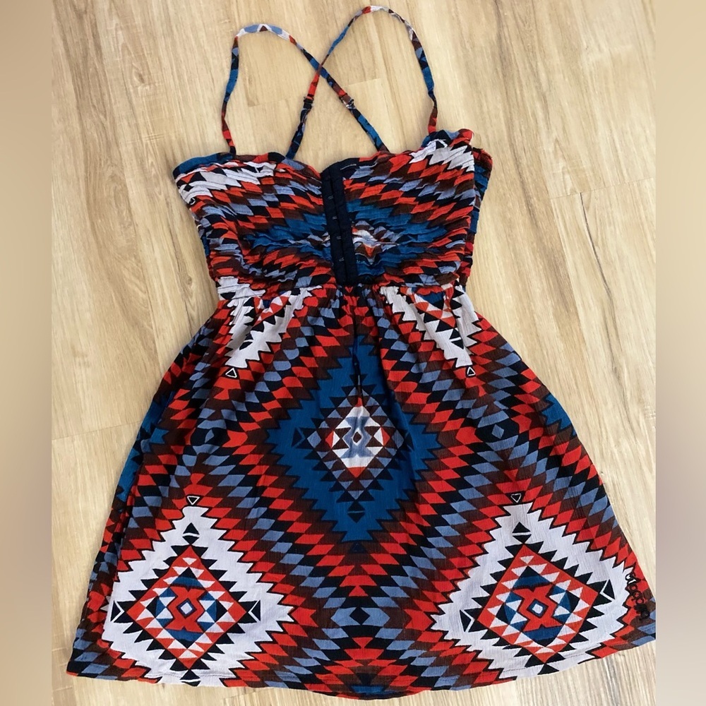 🔥🔥Billabong Red Black Blue Boho Crisscross Back Lined Beach Mini Dress